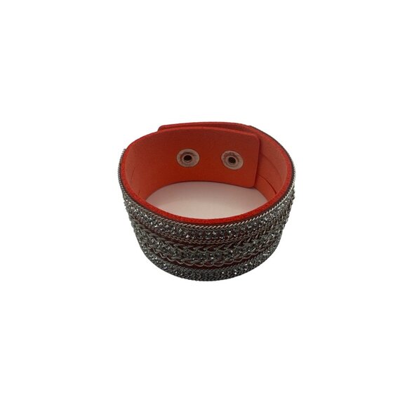 Wide Coral & Silver Chain Suede Wrap Bracelet With Snap Closure - Picture 4 of 6